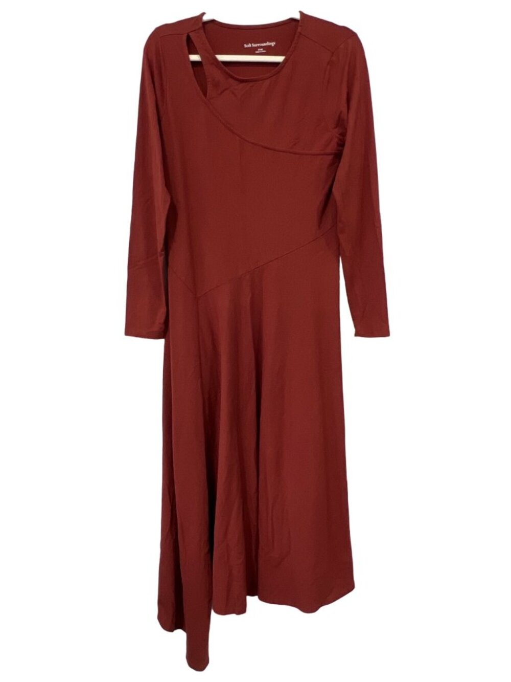 Soft Surroundings Dress Small Jersey Knit Asymmetrical Midi Rust Red Cutout